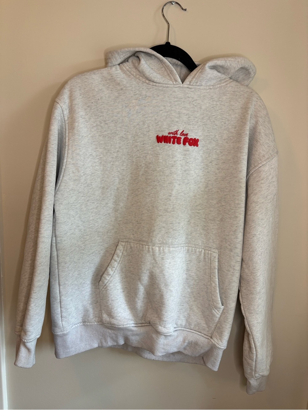 White Fox Boutique Light Gray Crewneck Hoodie with Red Logo